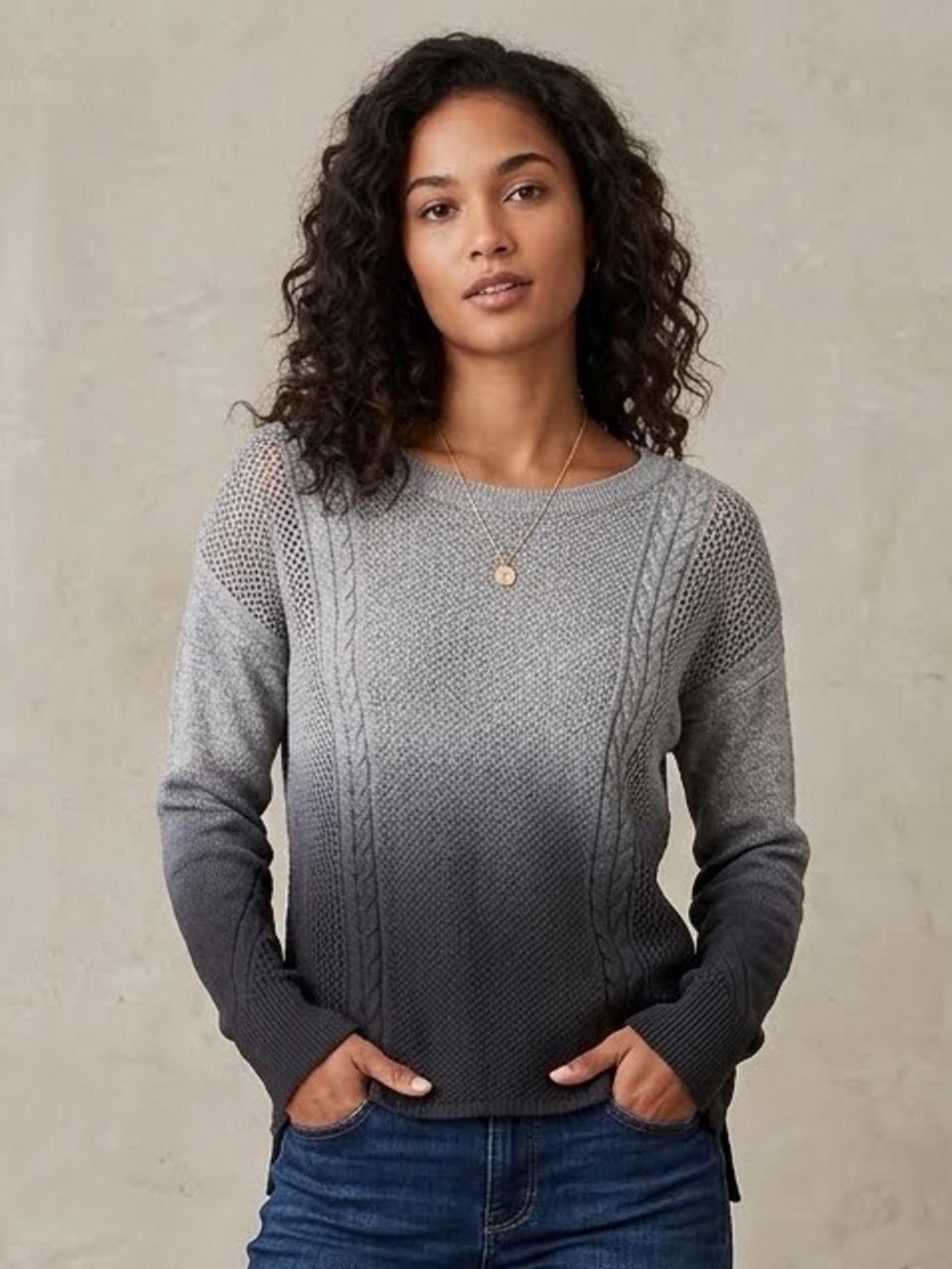 American Eagle Outfitters Ombre Gray Cable & Open-Knit Crew Sweater Size M